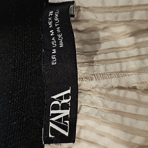 Zara Pants Trouser Slacks Seersucker Stripe Mid-Rise Stretch White Tan Ankle M - Picture 10 of 14